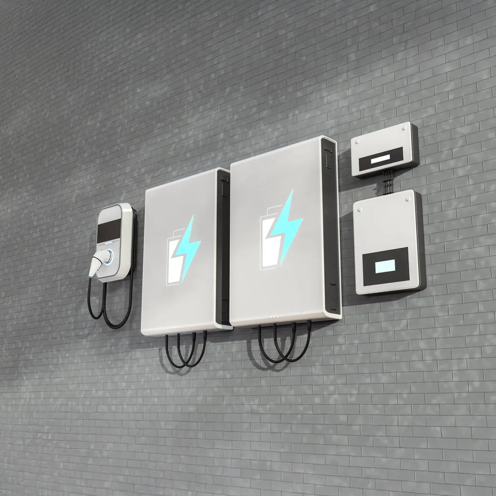 Deux batteries murales grises avec un symbole bleu sont installées sur un mur de briques grises, accompagnées de deux boîtiers connectés.