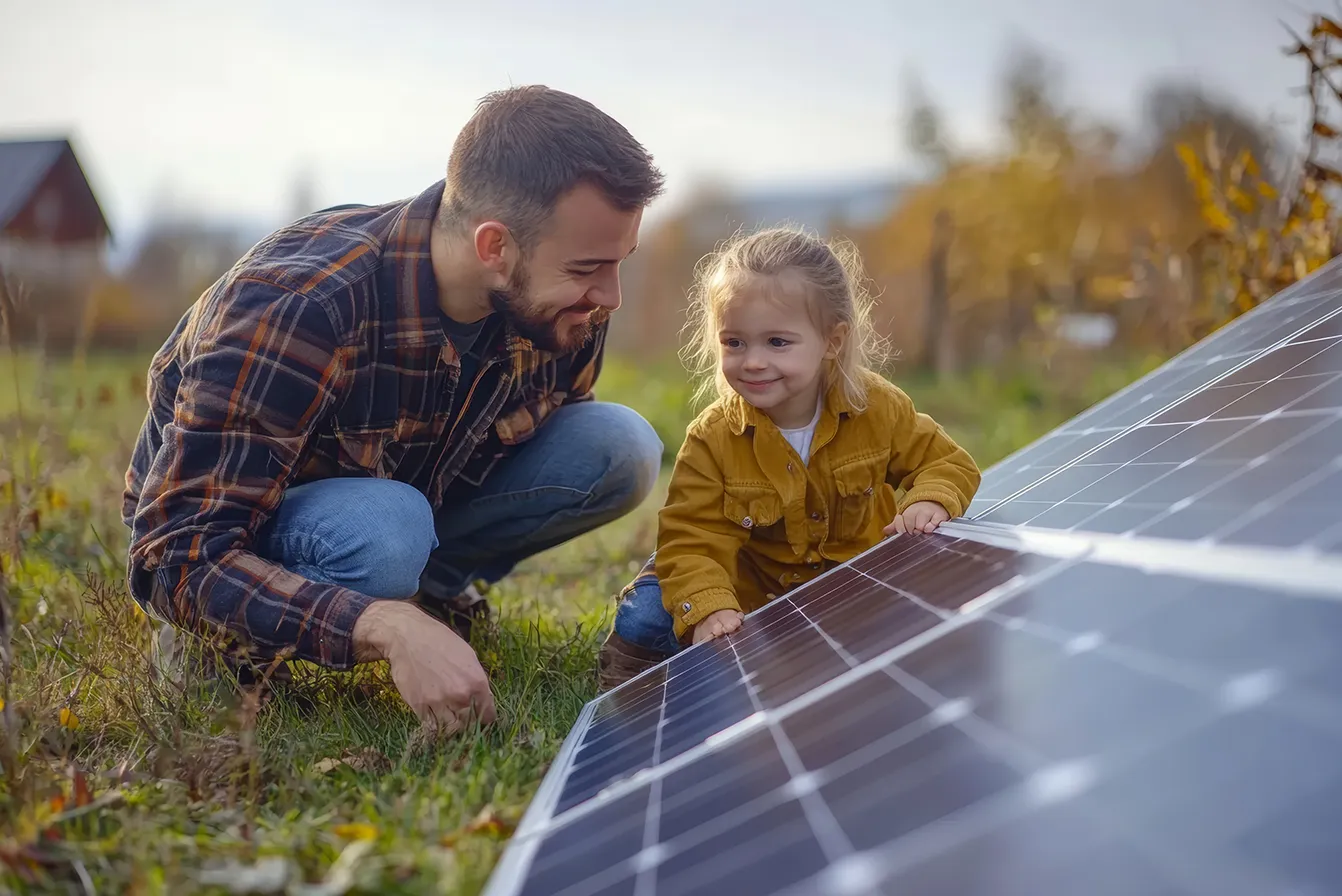 Un homme et une enfant, vêtus de vestes, interagissent avec un panneau solaire dans un champ ensoleillé.