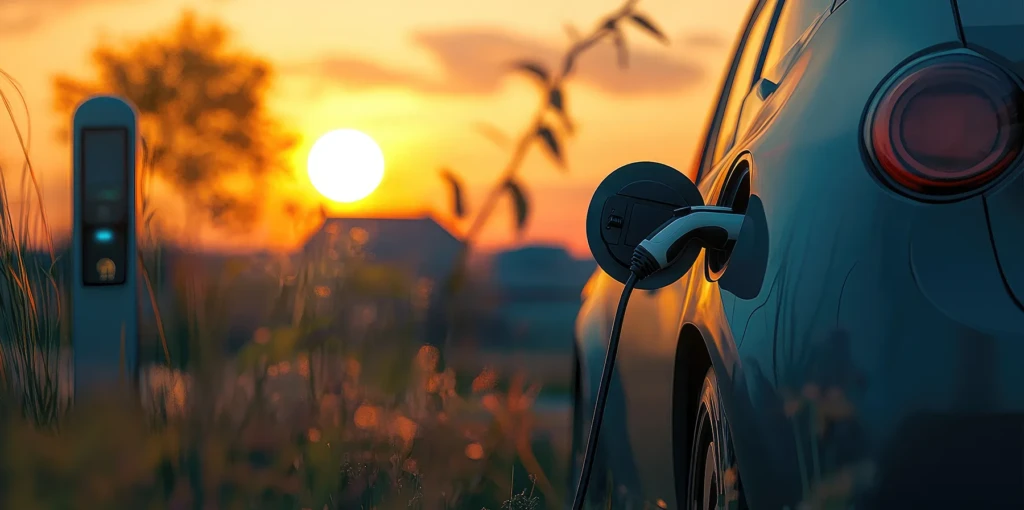 Voiture électrique bleue en charge au coucher du soleil, avec une borne de recharge en arrière-plan.