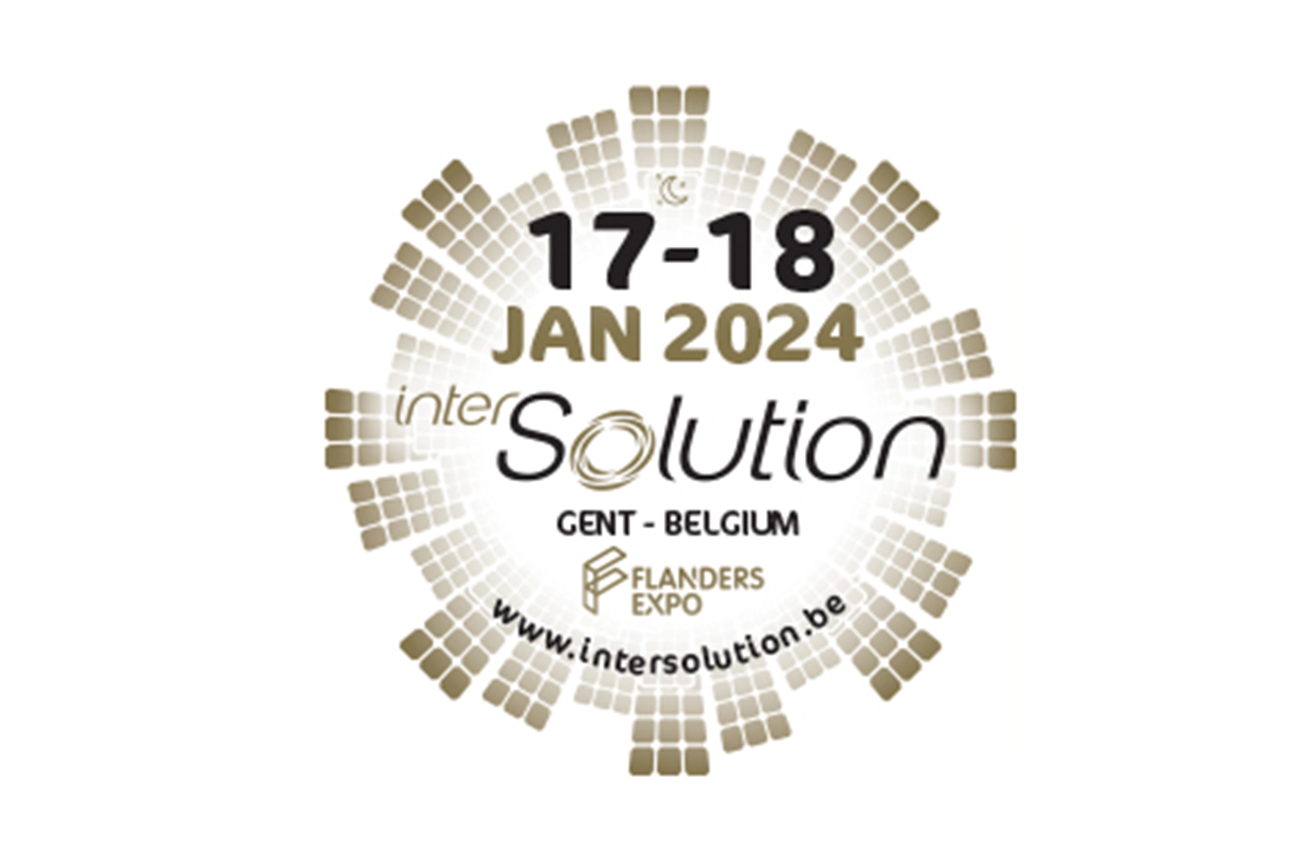 Affiche circulaire avec le texte "17-18 JAN 2024, InterSolution, Gent - Belgium" entouré de motifs carrés dorés.