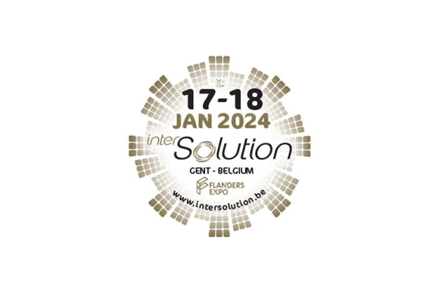 Logo circulaire pour le salon InterSolution 2024, avec dates et lieu, entouré de motifs carrés dorés.