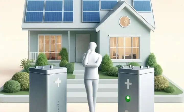 Une maison avec panneaux solaires en arrière-plan, deux grandes batteries grises au premier plan, et une silhouette blanche réfléchissant au centre.