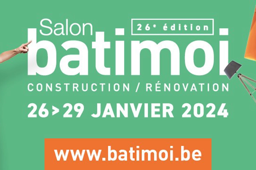 Annonce du Salon Batimoi 2024 sur fond vert, avec dates du 26 au 29 janvier et site web en bas, www.batimoi.be.